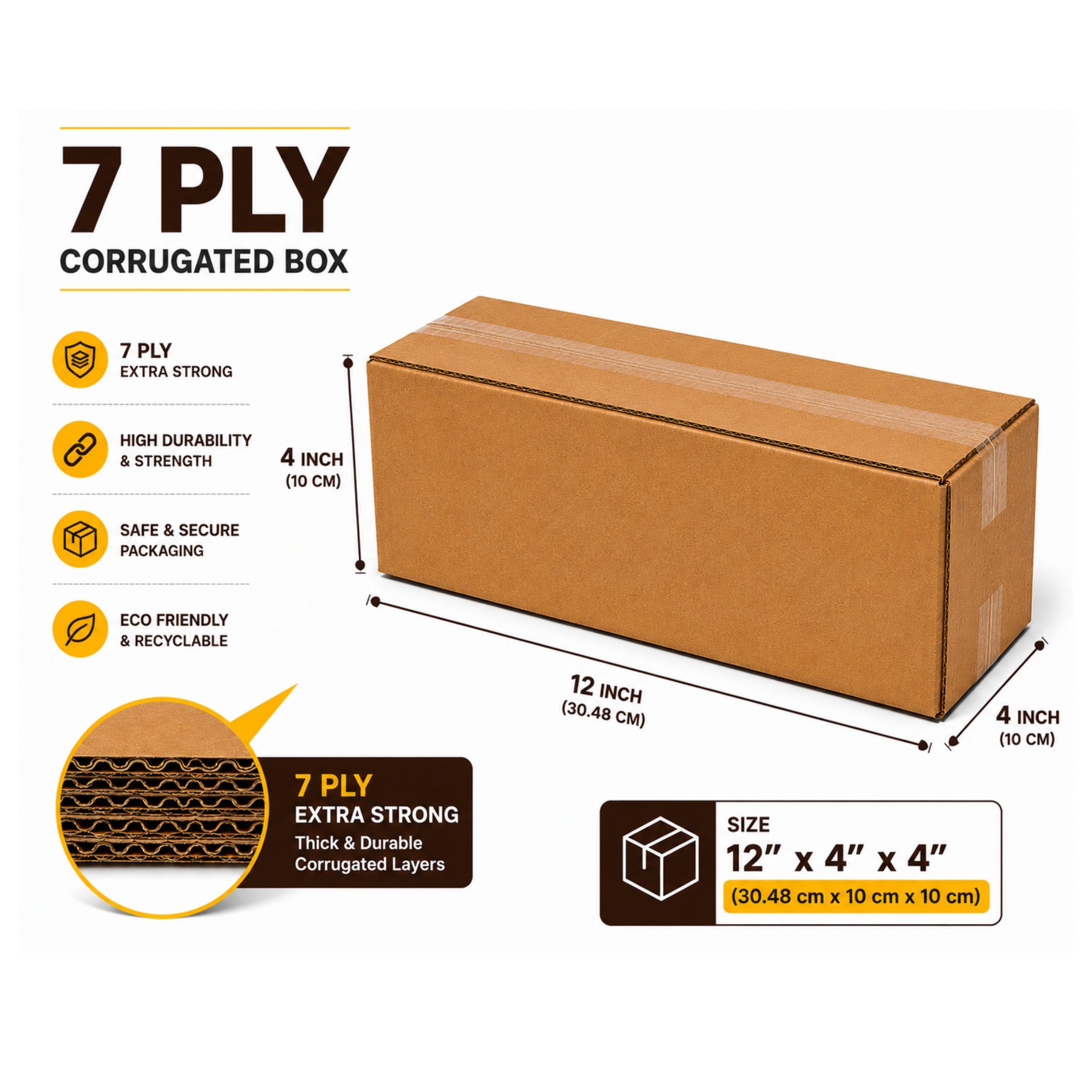 7 Ply Corrugated Box 12 x 4 x 4 Inch Brown Packaging Box | Heavy Duty Shipping Carton for Ecommerce & Courier Use