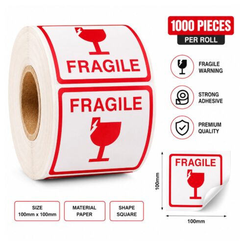 Fragile Warning Sticker Roll 100x100mm | 1000 Labels Per Roll | Strong Adhesive Packaging Labels