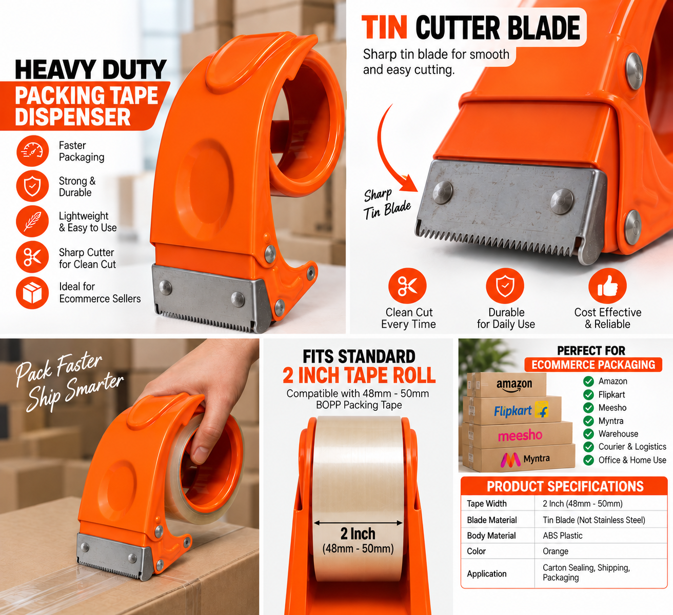Packing Tape Dispenser | 2 Inch BOPP Cello Tape Cutter | Industrial Strapping Tape Applicator for Amazon, Flipkart, Meesho Packaging - Image 2